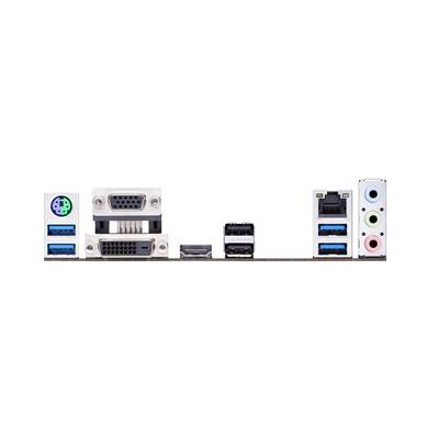 Een computermoederbord toont verschillende aansluitingen: PS/2, VGA, DVI, HDMI, USB, Ethernet en audio-aansluitingen in verschillende kleuren.
