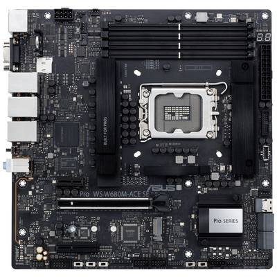 Moederbord met LGA 1700-socket, vier RAM-sleuven en verschillende aansluitingen. Model: ASUS Pro WS W680M-ACE SE.