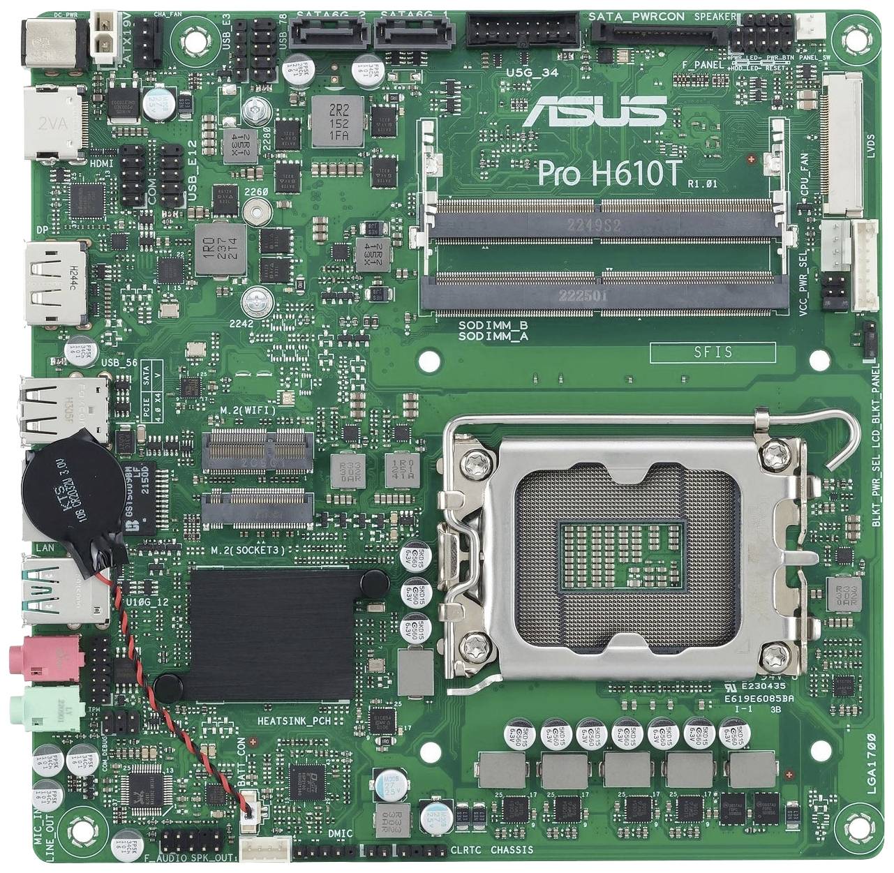 'ASUS Pro H610T Moederbord' toont elektronische componenten, sleuven en aansluitingen close-up voor computerintegratie.