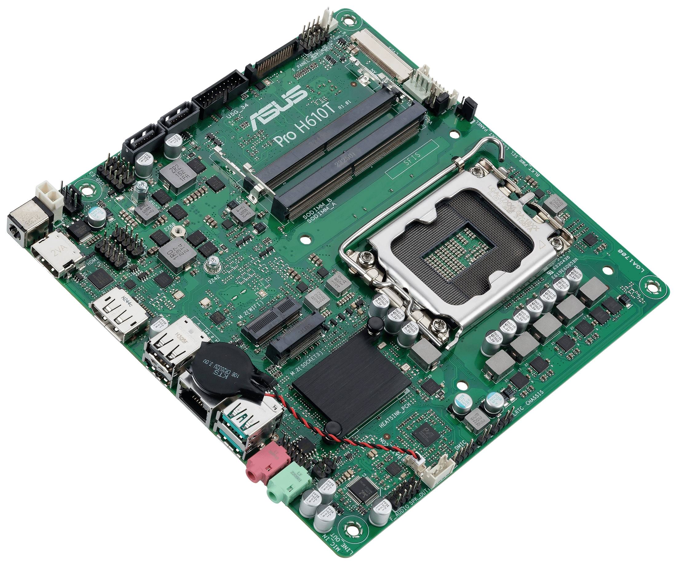Een groene moederbord met verschillende elektronische componenten en aansluitingen, inclusief USB-poorten en een CPU-socket.