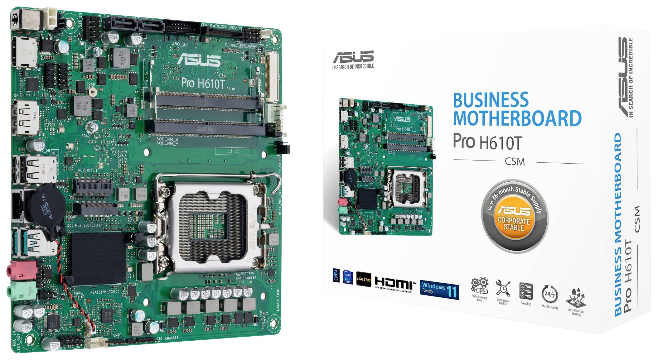 Een groene ASUS Pro H610T CSM moederbord naast zijn verpakking. De verpakking wijst op business-compatibiliteit en HDMI-ondersteuning.