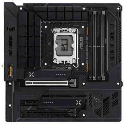 Een zwart moederbord met meerdere sleuven en aansluitingen, waaronder PCIe, RAM-sleuven en een CPU-socket. Gelabeld met 'TUF Gaming'.