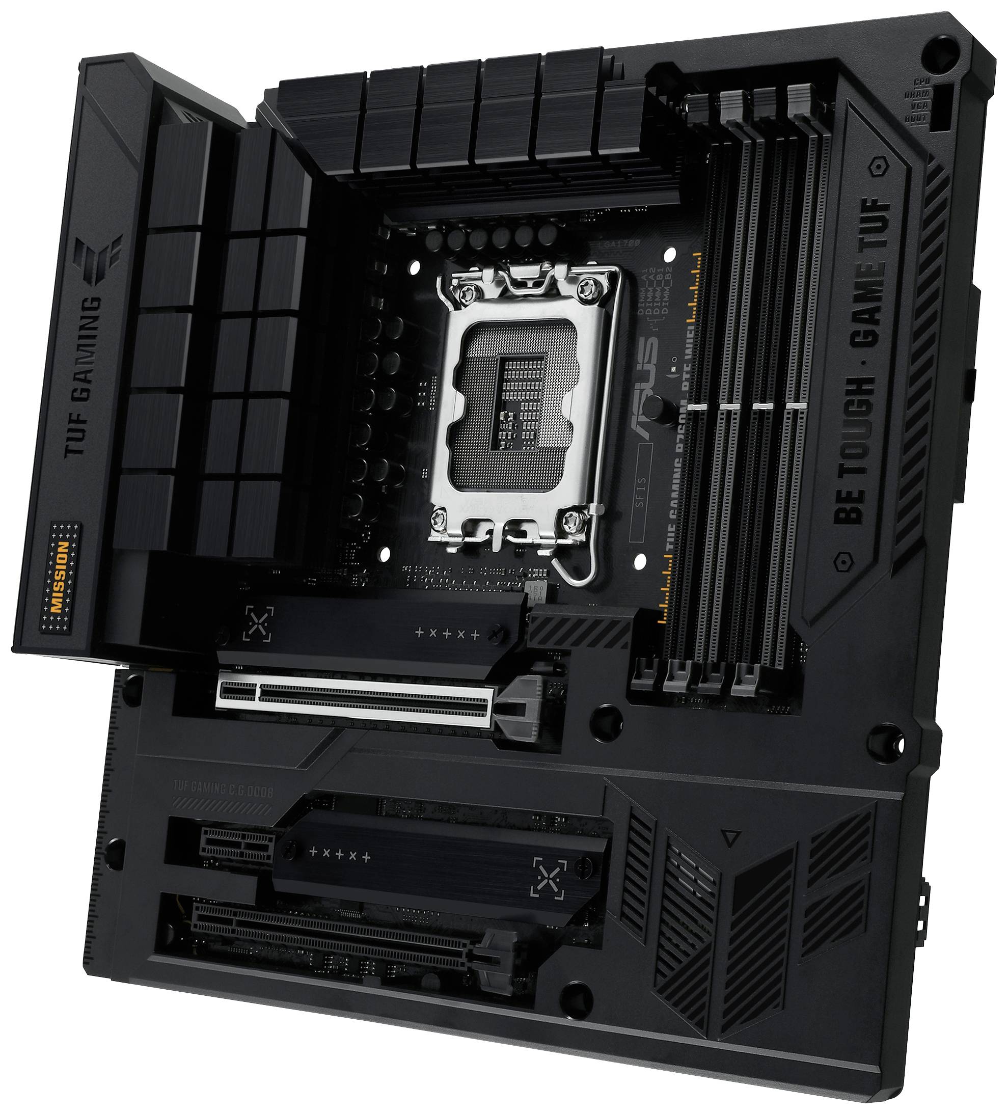 Zwart computermoederbord met de tekst 'TUF Gaming'. Te zien zijn RAM-sleuven, CPU-socket en PCIe-sleuven.