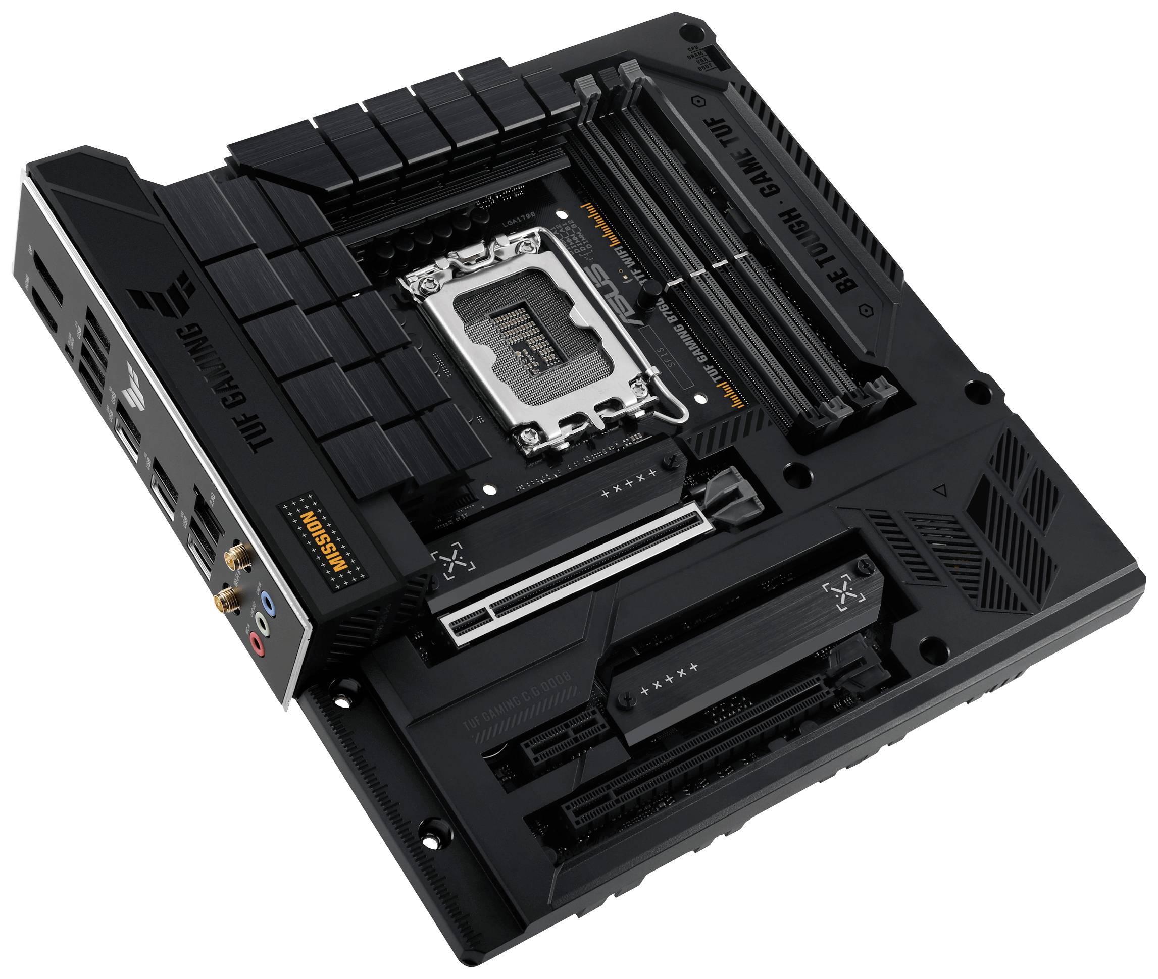 Zwart computermoederbord met CPU-socket in het midden, omringd door verschillende uitbreidingssleuven en aansluitingen. Gemarkeerd met 'TUF Gaming'.