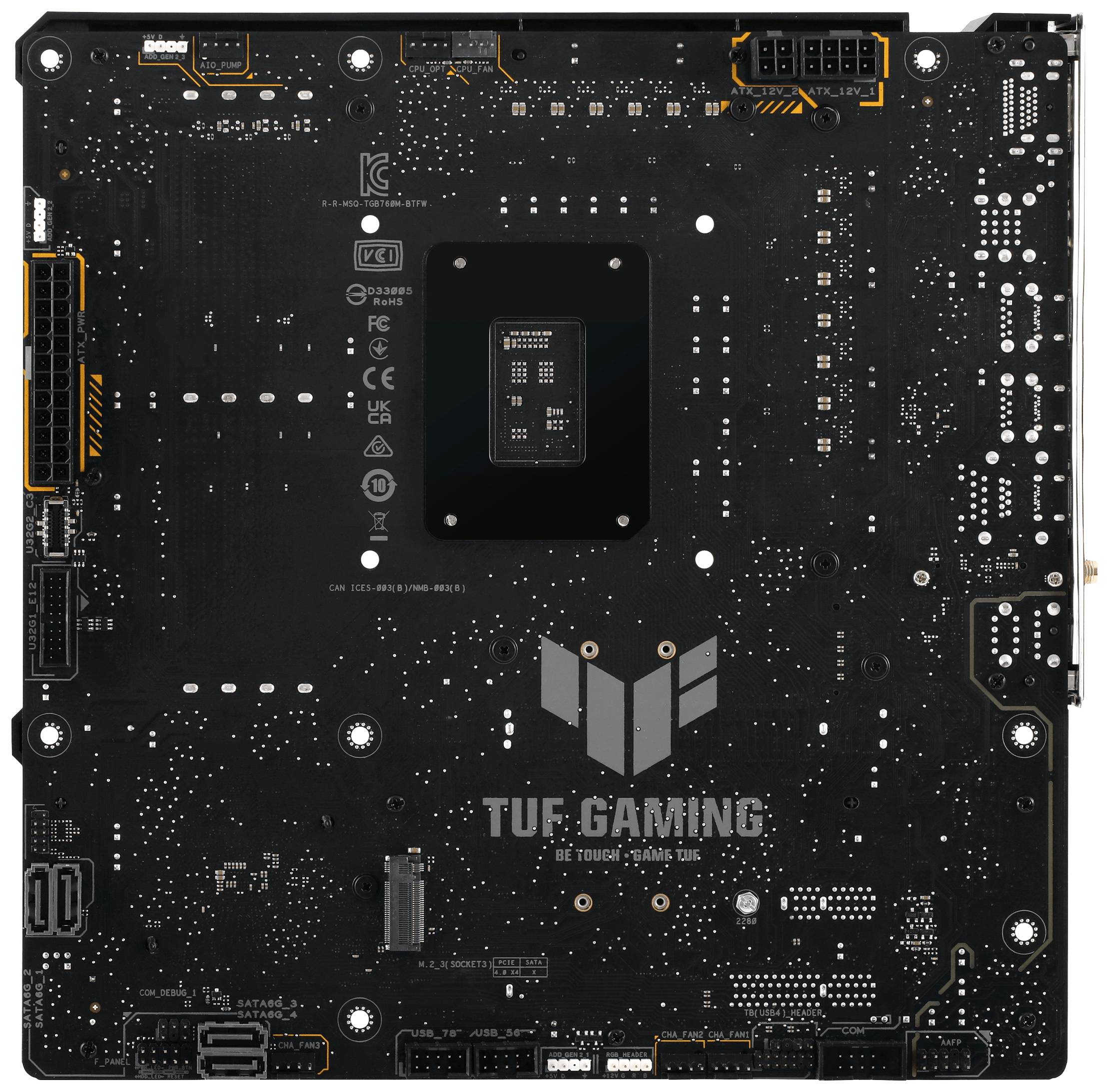 Een zwarte TUF-gaming-moederbord achterkant, toont aansluitpoorten en TUF-logo in het midden.