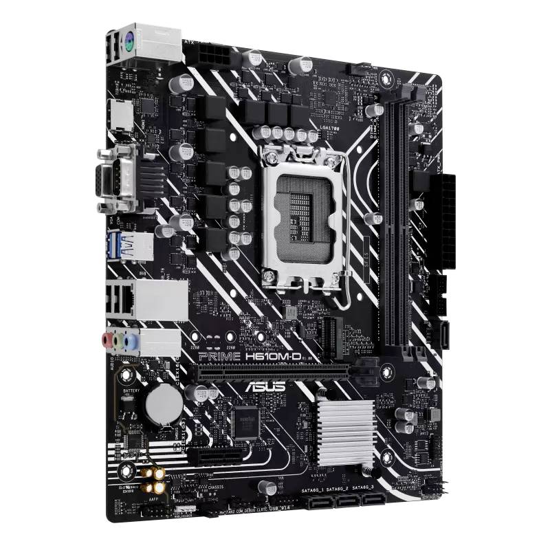 Zwart ASUS Prime H610M-D moederbord met witte accenten, meerdere sleuven en aansluitingsmogelijkheden, geschikt voor computerbouw.
