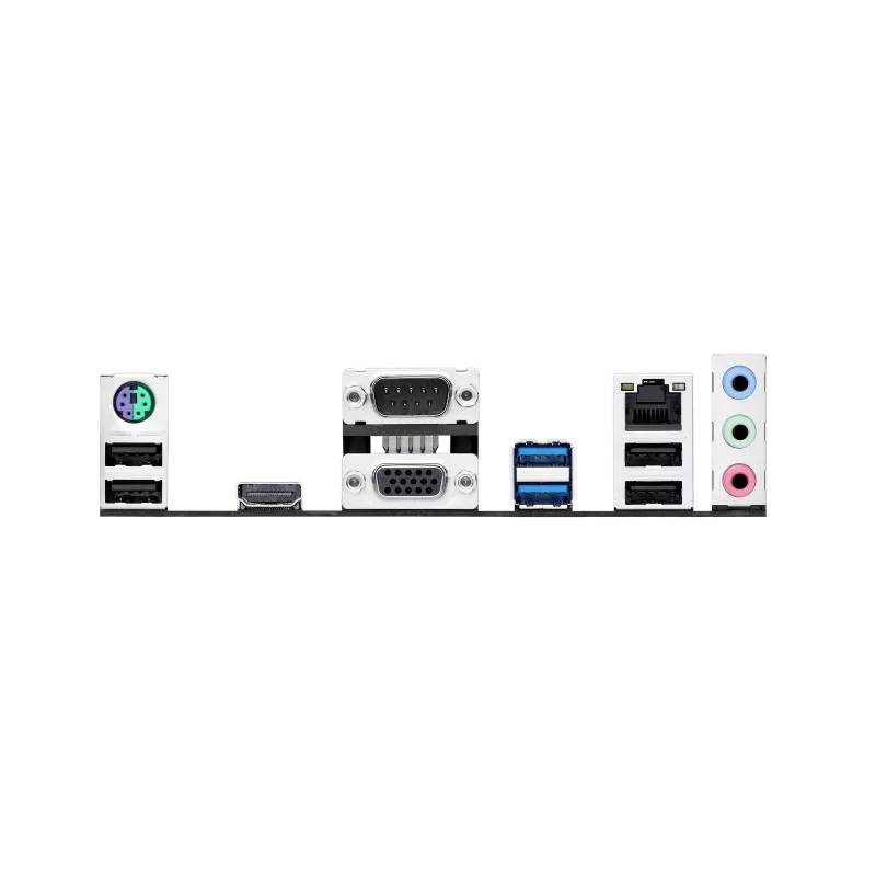 'Achterkant van een computer-moederbord met aansluitingen: PS/2, HDMI, VGA, USB 3.0, Ethernet, audio-ingangen.'