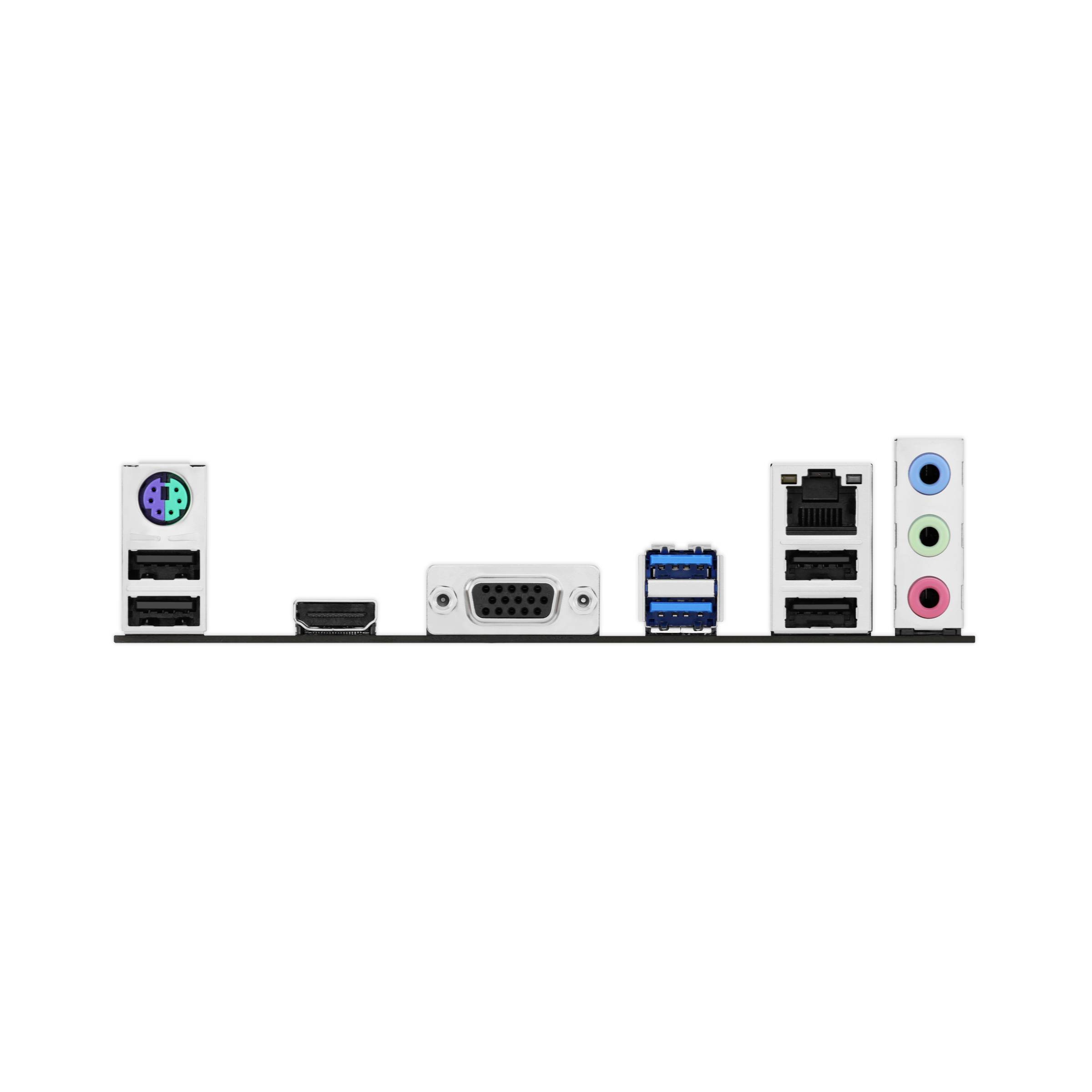Aansluitingen aan de achterkant van een computer-moederbord: PS/2, HDMI, VGA, USB-poorten, Ethernet-aansluiting en audio-aansluitingen.