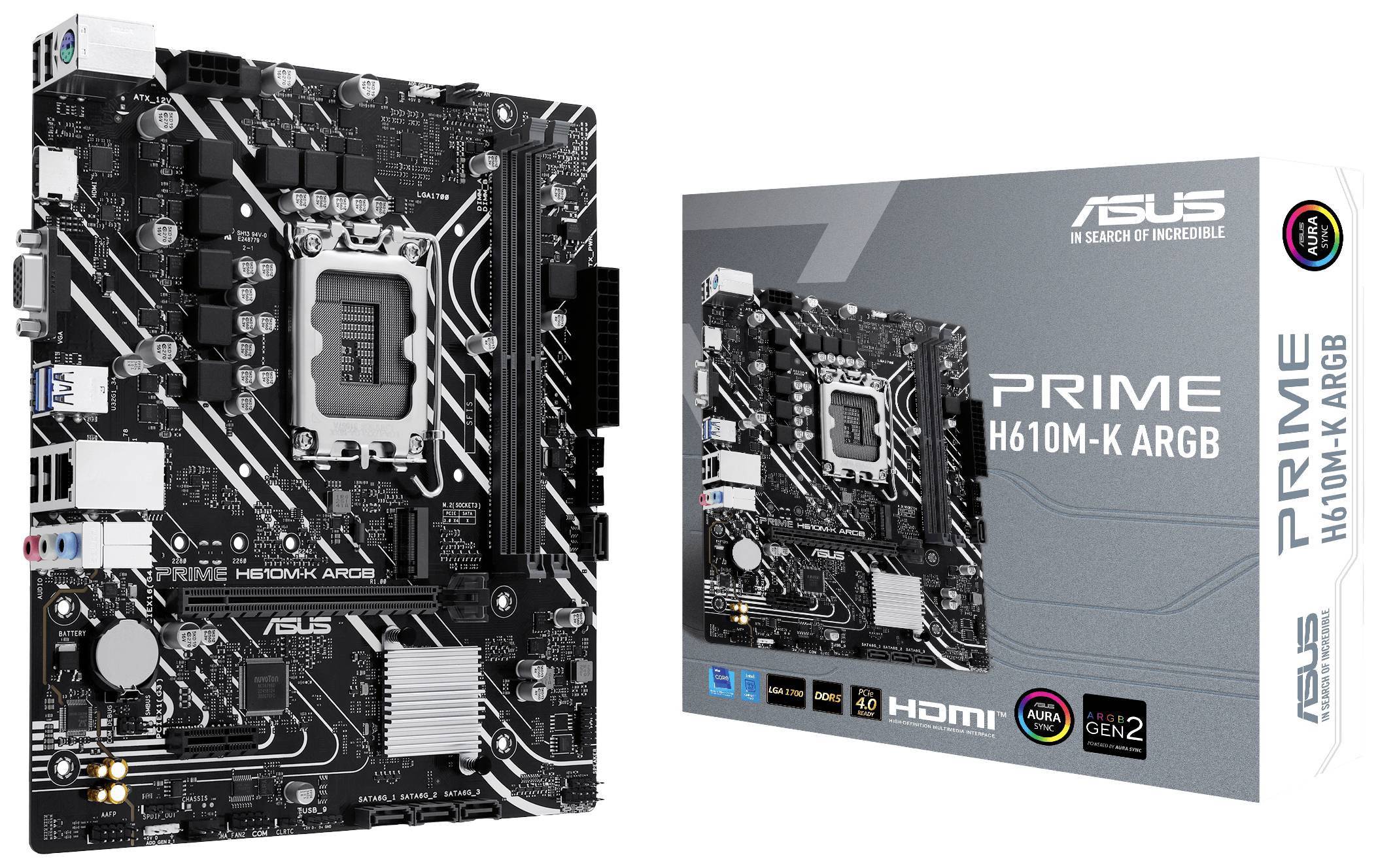 Afbeelding van een ASUS PRIME H610M-K ARGB moederbord naast de verpakking. Bevat specificaties en toont de microATX-vormfactor.