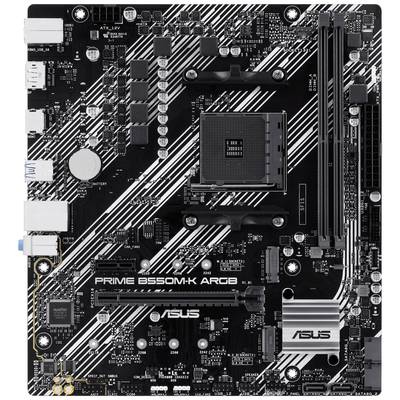 Zwart ASUS Prime B550M-K ARGB moederbord met witte strepen, meerdere sleuven en interfaces voor computercomponenten.