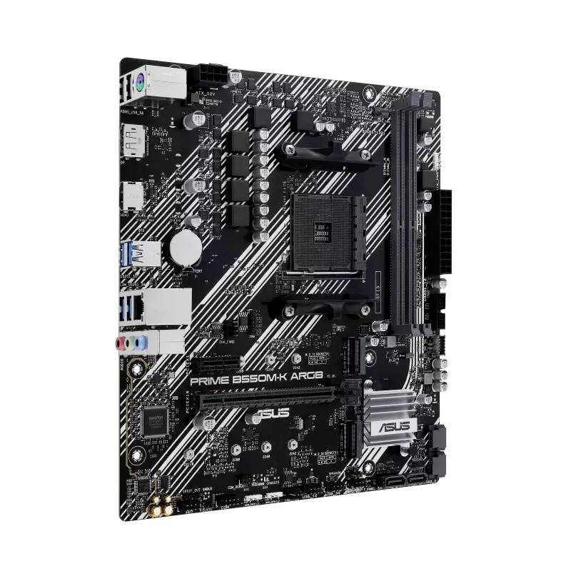 'ASUS Prime B550M-K' Moederbord met zwart-wit design, PCIe-sleuven, RAM-sleuven en aansluitingsmogelijkheden voor computeropbouw.