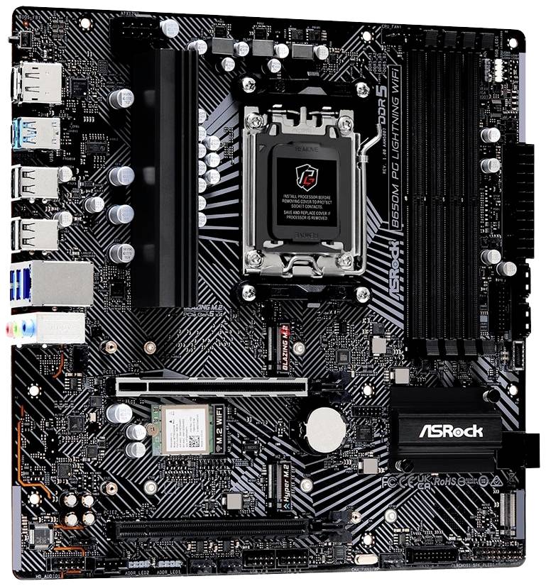 Een ASRock-moederbord met verschillende aansluitingen en sleuven voor RAM, CPU en uitbreidingskaarten.