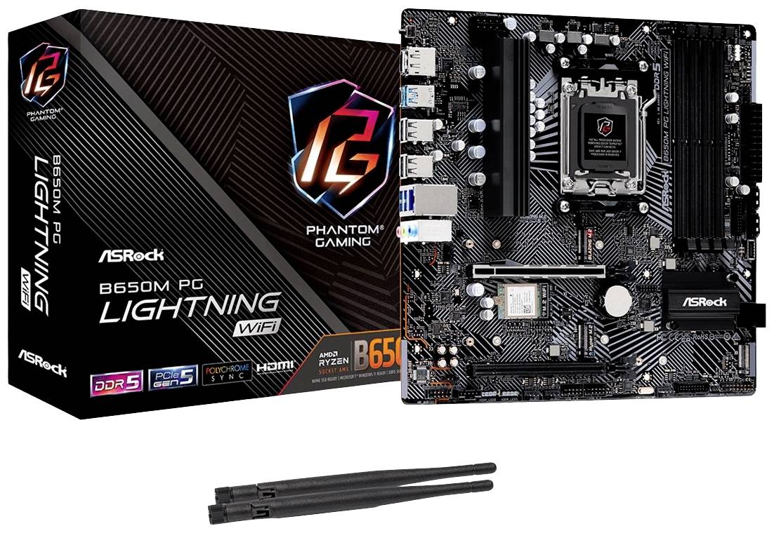 ASRock B650M Phantom Gaming WiFi Moederbord met verpakking en antennes. Ondersteunt AMD Ryzen 7000, DDR5, PCIe 5.0, HDMI.