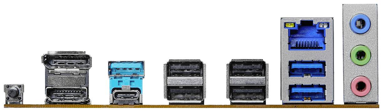 Achterkant van een computer-moederbord met meerdere aansluitingen: DisplayPort, HDMI, USB-poorten, Ethernet en audio-aansluitingen.