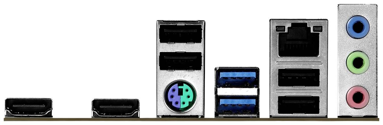 Achterkant van een computer-moederbord met USB-, HDMI-, Ethernet- en audio-aansluitingen voor externe verbindingen en randapparatuur.