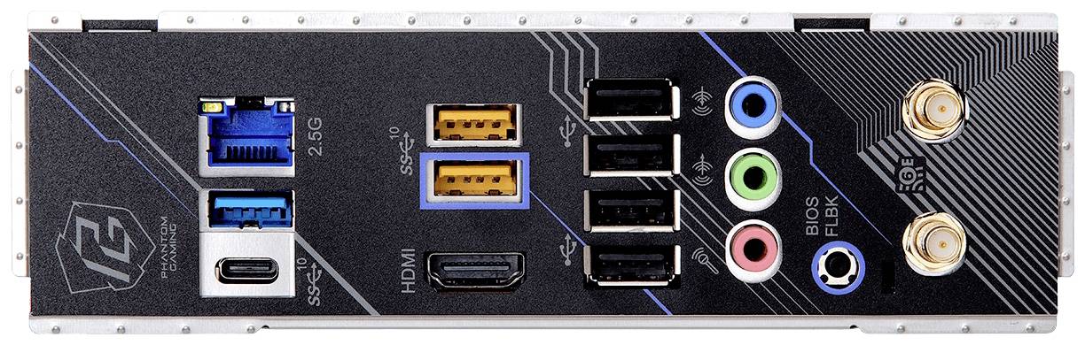Aansluitingen van een computer-moederbord: USB 3.0, USB-C, HDMI, audio-ingangen, Ethernet, optische audio-uitgang en Wi-Fi-antenne.