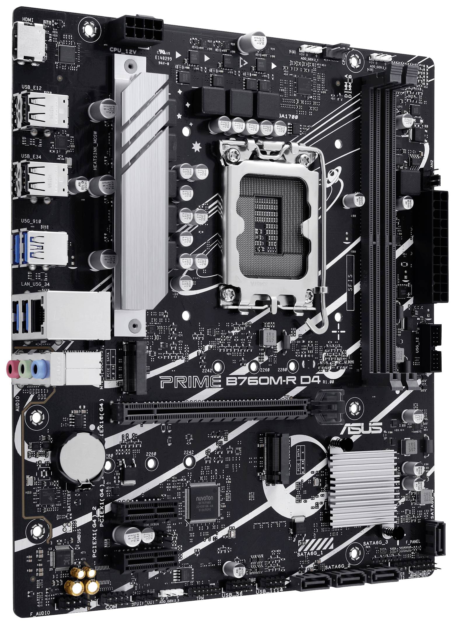 Zwart PC-moederbord met opschrift 'PRIME B760M-R D4', meerdere interfaces en een vrije CPU-socket in het midden.