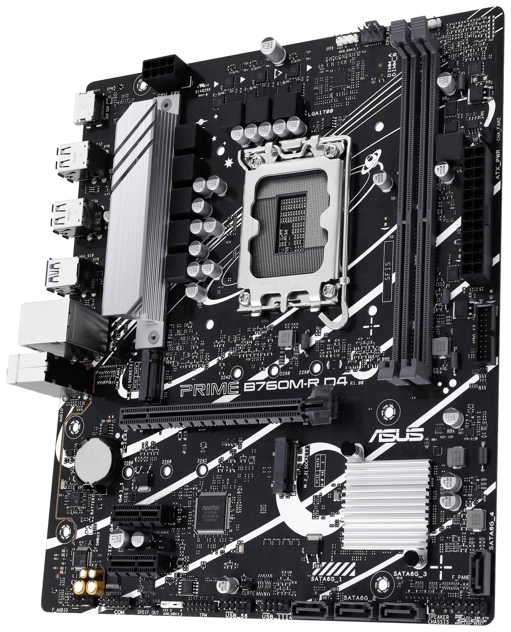 Op de afbeelding staat een ASUS Prime B760M-R D4 moederbord met een LGA 1700 socket en meerdere uitbreidingssleuven voor pc-componenten.
