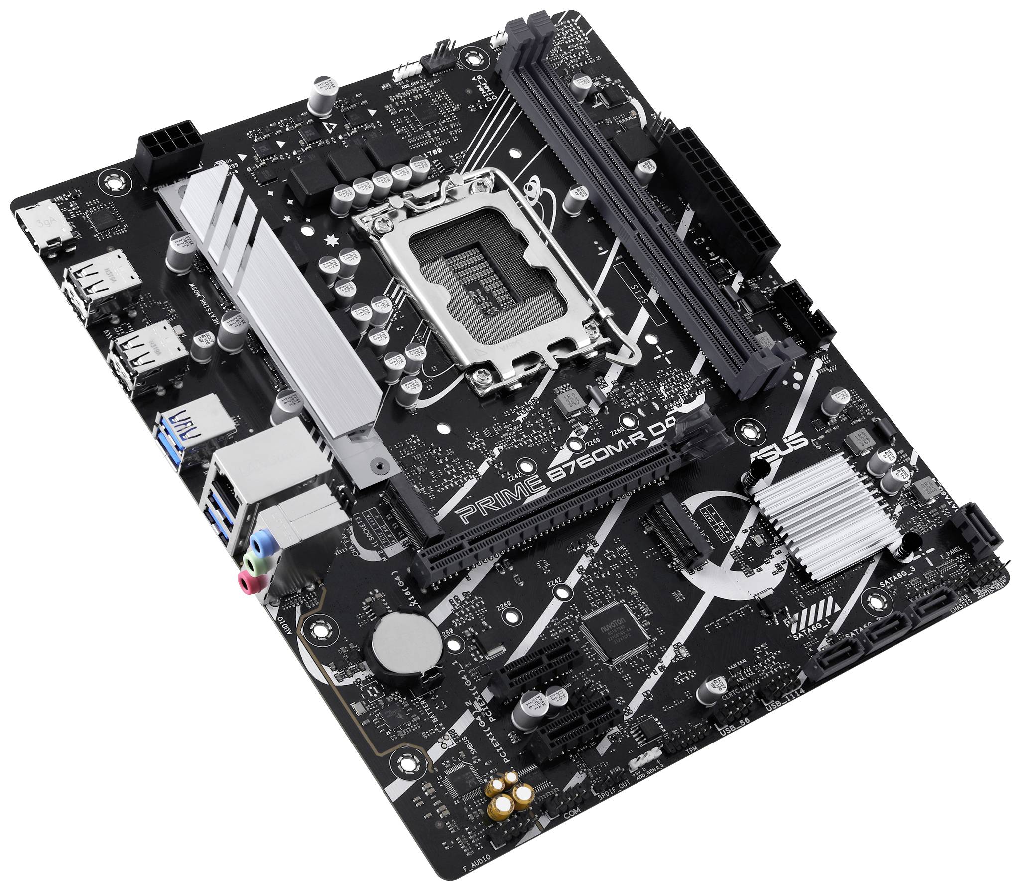 Een zwart computermoederbord met meerdere aansluitingen en componenten zoals RAM-sleuven en een CPU-socket.