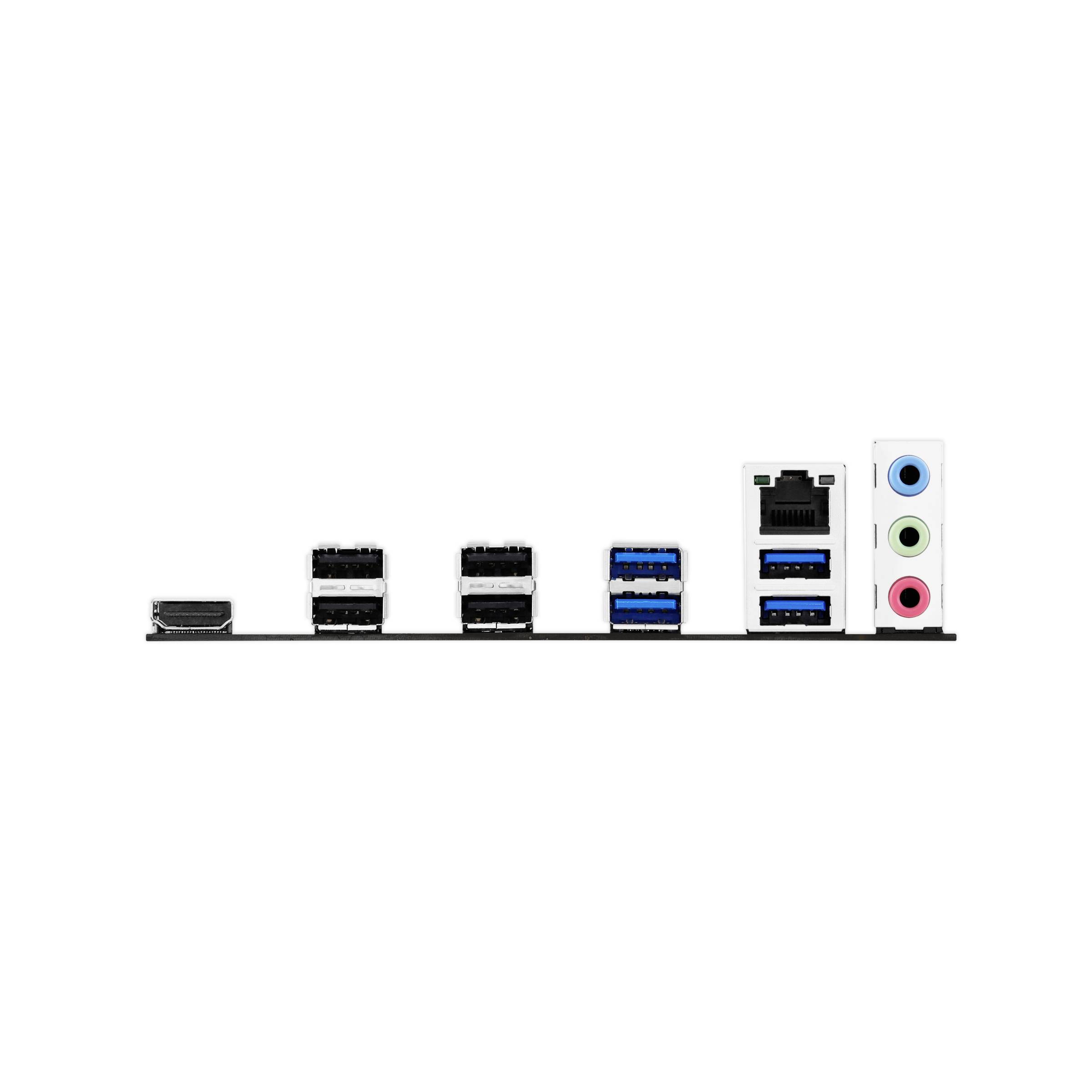 'Aansluitingen op een computer-moederbord: HDMI, vier USB 2.0, twee USB 3.0, Ethernet, drie audioaansluitingen. Zijaanzicht.'