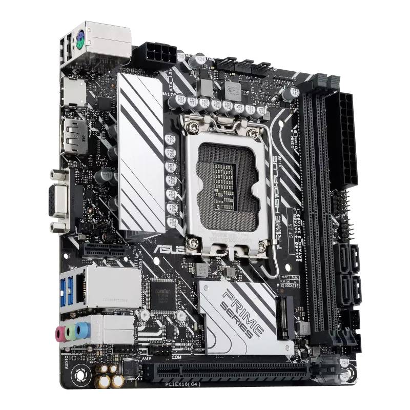 Moederbord met meerdere aansluitpoorten, geheugensleuven en een centrale CPU-socket. Componenten duidelijk zichtbaar voor technisch begrip.