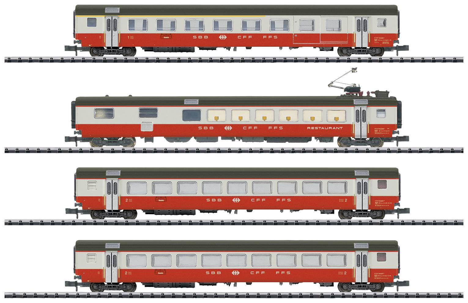 Vier rode en grijze modelspoorwegwagons van het merk Märklin staan op rails. Ze vertegenwoordigen Zwitserse spoorbagagewagens.