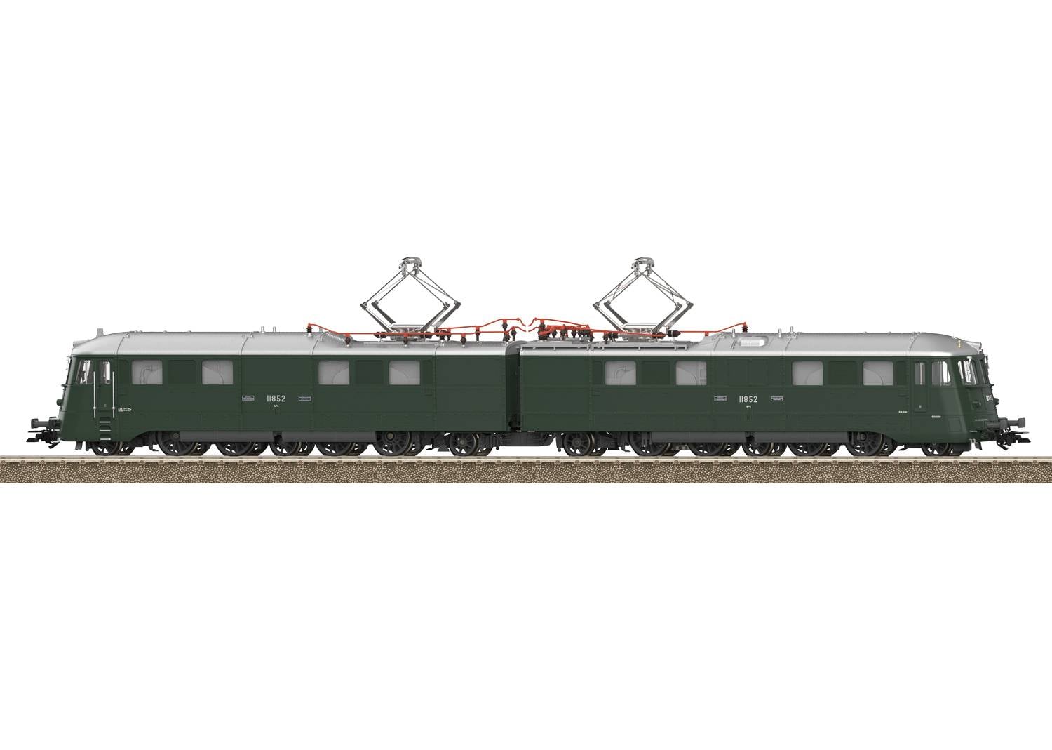Zij-aanzicht van een groen, tweeledig elektrisch treinmodel met twee stroomafnemers op een rails.