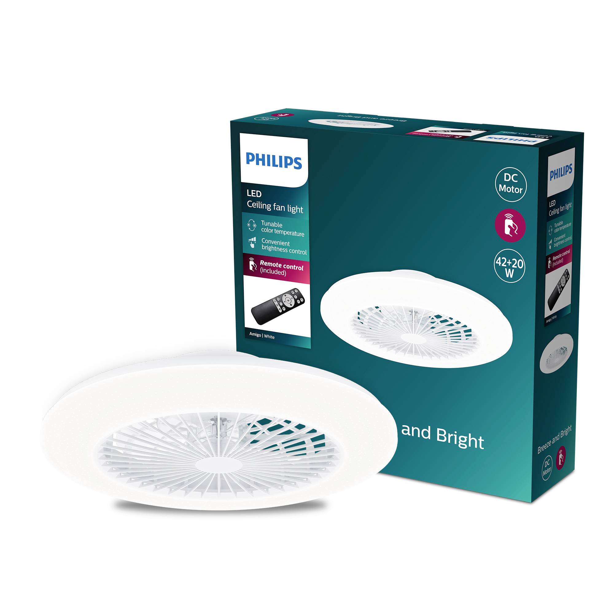 Een verpakking van een Philips LED-plafondventilatorlamp met afstandsbediening. Toont het product en zijn functionaliteit.