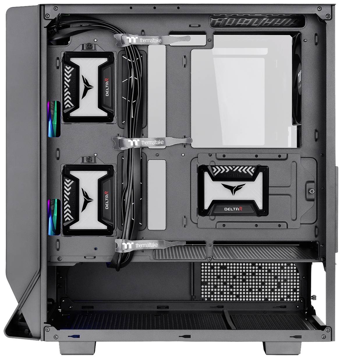 Computerbehuizing met transparant raam en RGB-verlichting; ruimte aan de binnenkant voor moederbord, videokaarten en koelcomponenten.