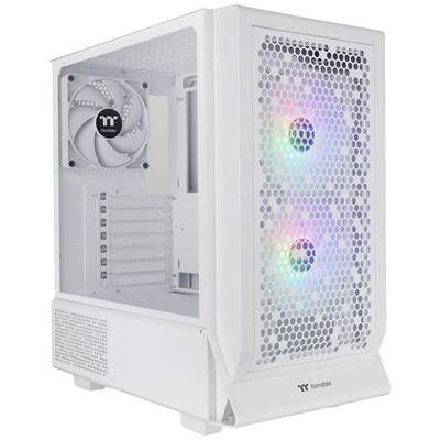 Wit computerbehuizing met twee RGB-ventilatoren aan de voorkant en een ventilator aan de achterkant. De behuizing heeft een luchtig voorpaneel met ventilatierooster.
