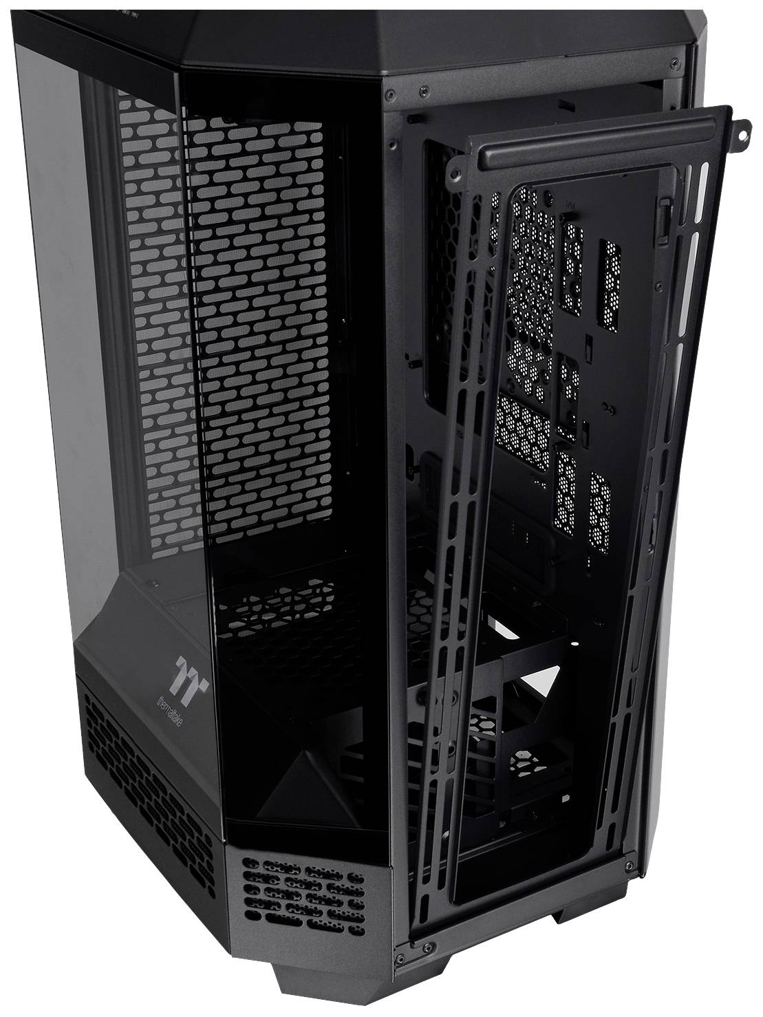 Een open computerbehuizing met netontwerp dat de binnenstructuren toont. Hoofdkleur: Zwart.