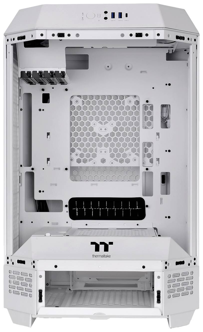 Wit computerbehuizing van Thermaltake, open weergegeven. Veel ruimte voor hardware-installatie, meerdere ventilator- en harde schijfposities.
