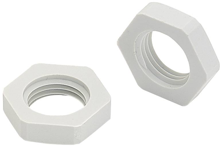 Twee witte zeskantmoeren van kunststof, een liggend, de andere rechtop staand, voor een witte achtergrond.