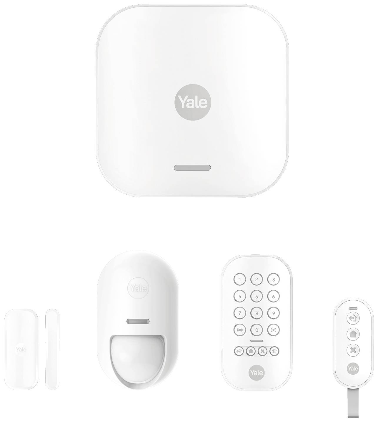 Een Smart Home-beveiligingssysteem met een hub, bewegingsmelder, deur-/raamsensor, numeriek codepaneel en een afstandsbediening.