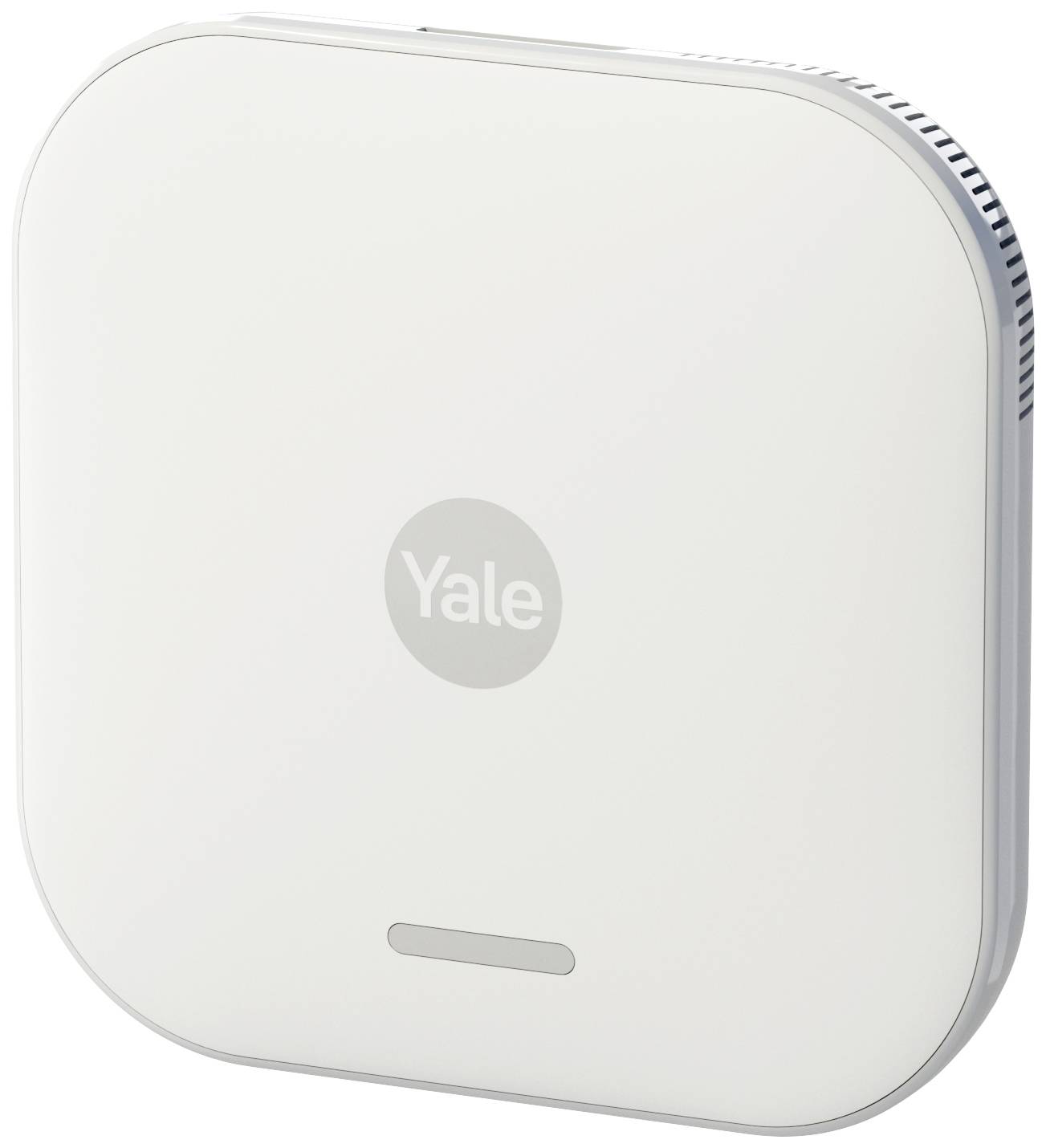 Witte, vierkante Yale-sensor met afgeronde hoeken. Bevat een centraal logo en daaronder een statusindicator.