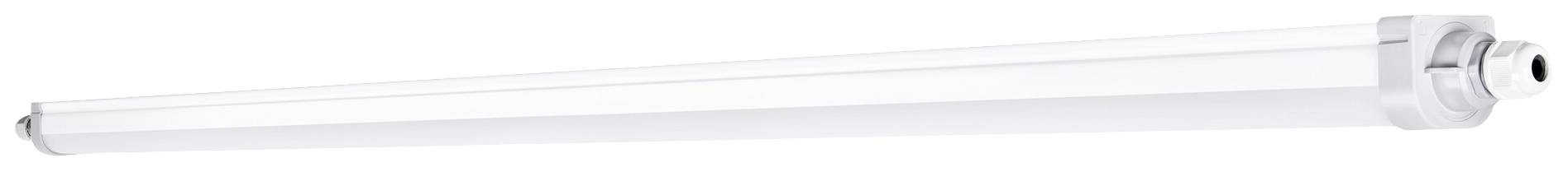Een langwerpige LED-armatuur met transparente behuizing, geschikt voor heldere, energiezuinige verlichting in binnenruimtes.