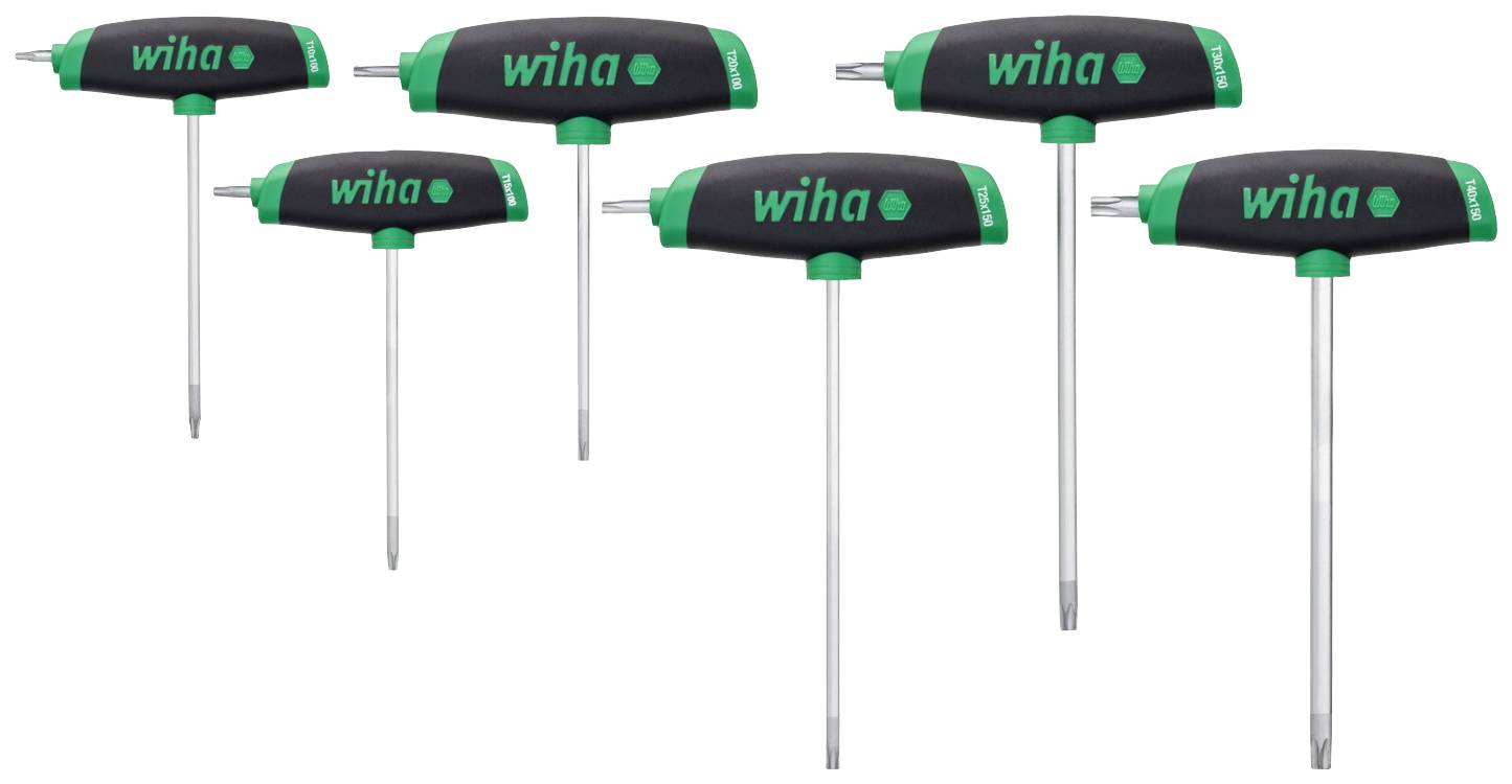Zes T-greep schroevendraaiers in verschillende formaten, zwart-groen met 'wiha'-logo, afgebeeld op een witte achtergrond.