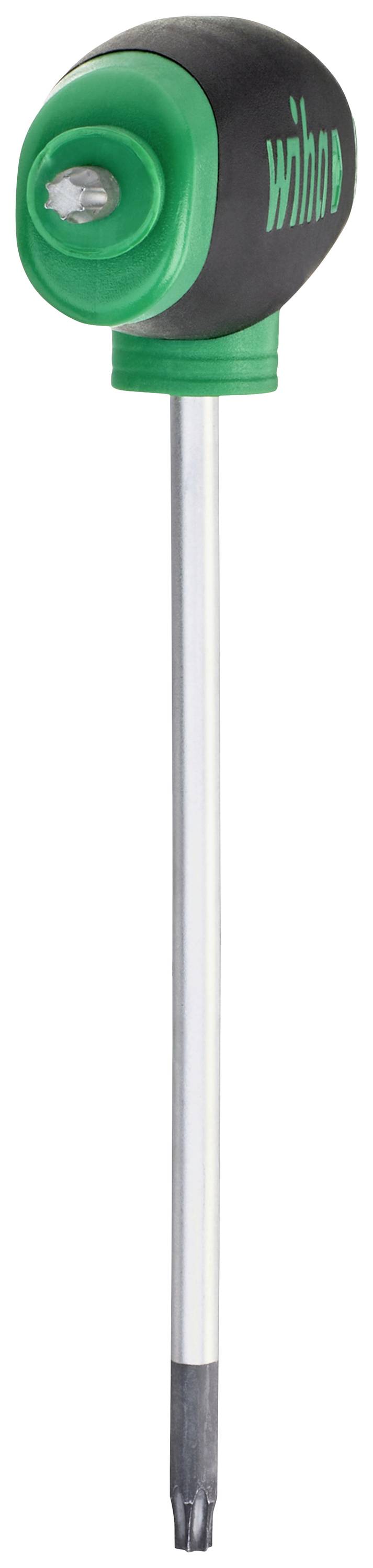 Torx-schroevendraaier met groene en zwarte handgreep, lange metalen steel en stervormige punt.