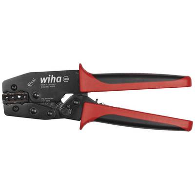 Een zwarte en rode krimptang van Wiha, gefabriceerd in Duitsland, herkenbaar aan de opdruk op het gereedschap.