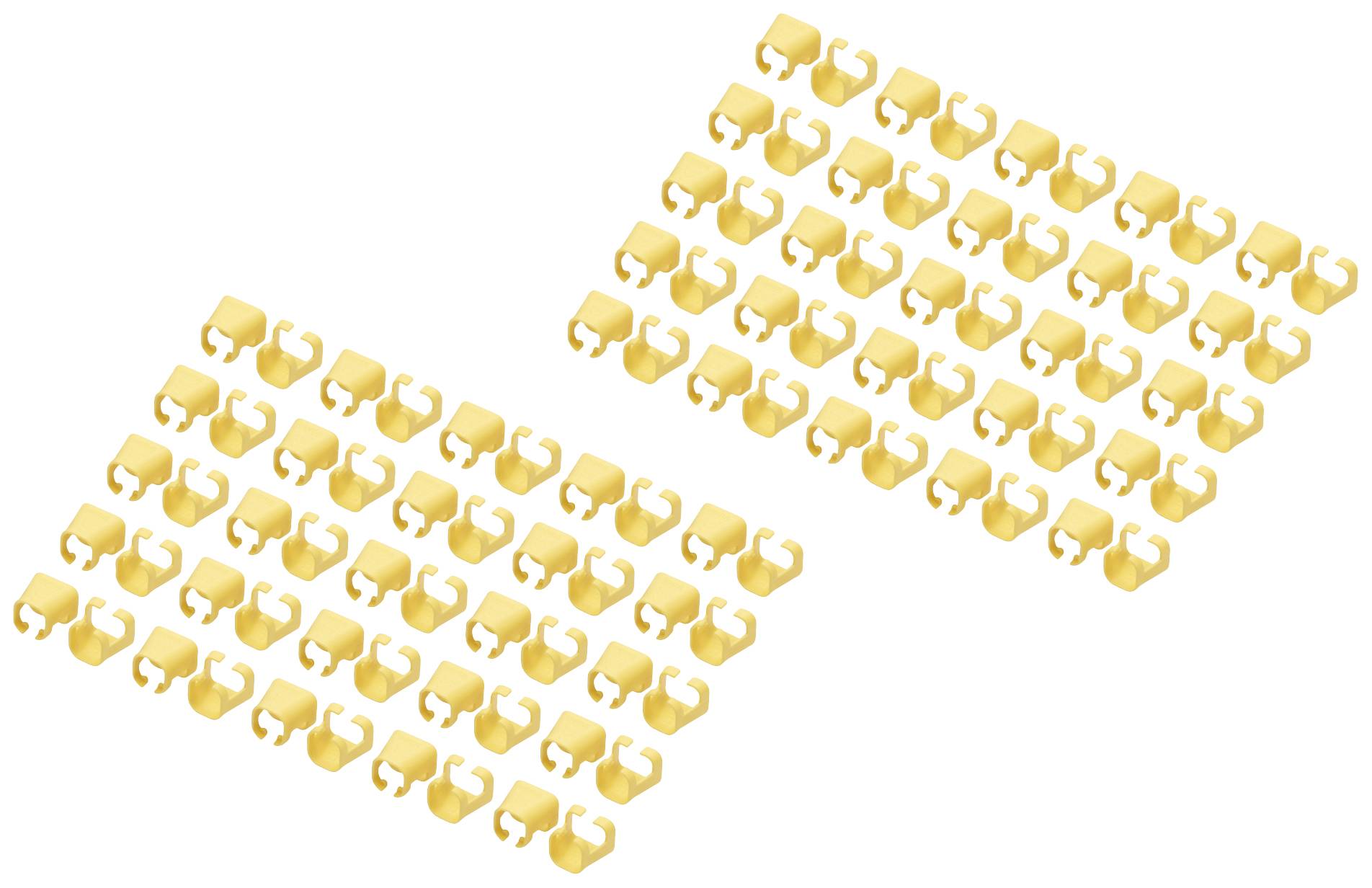 Twee groepen gele olifant-speelstenen, elke groep in een geordende rij.