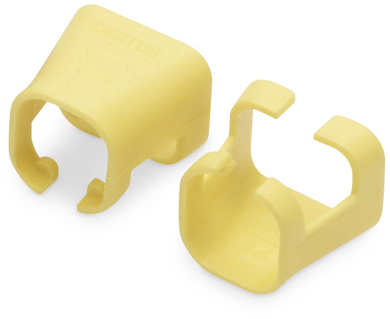 Twee gele, kunststofachtige doppen met open zijden en afgeronde vormen die dienst doen als beschermkappen voor kabeleinden.