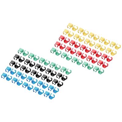 Kleurrijke rij van kleine kunststof clips in verschillende kleuren: Geel, Rood, Zwart, Groen, Blauw. Netjes in rijen gerangschikt.