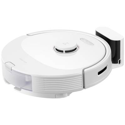 Een witte, ronde stofzuigerrobot op zijn laadstation. Bovenaan zijn drie bedieningsknoppen zichtbaar.