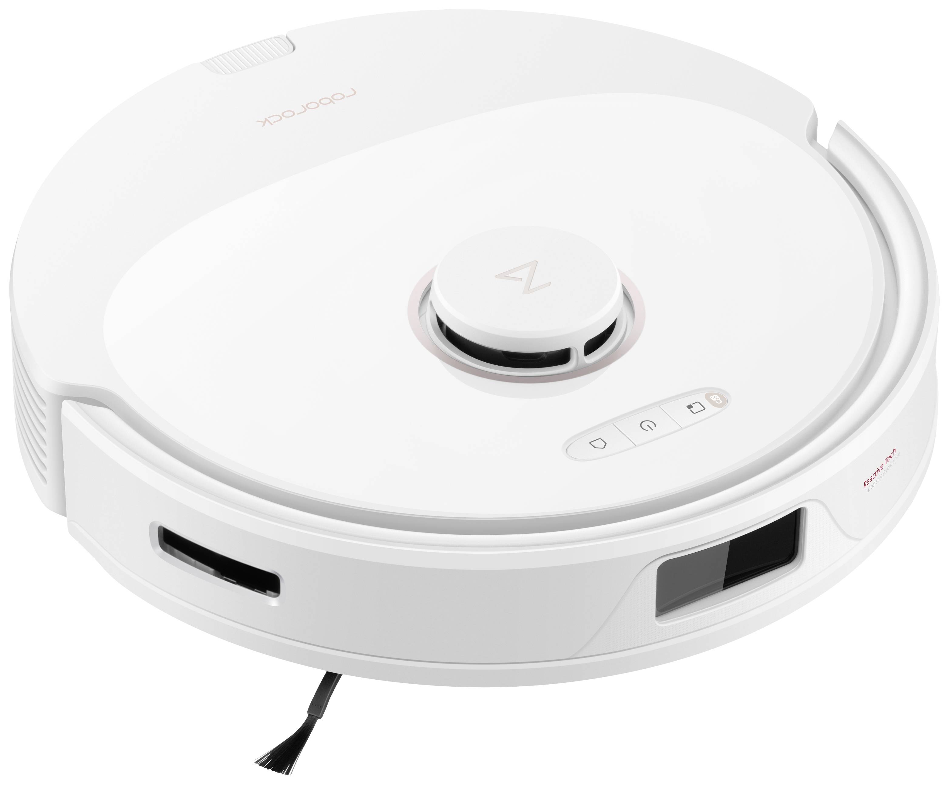 Een ronde, witte stofzuiger robot met sensoren bovenop en aan de voorkant.