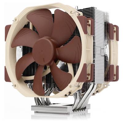 Een grote CPU-koeler met een bruine ventilator en zilveren koelribben, geschikt voor krachtige computers.