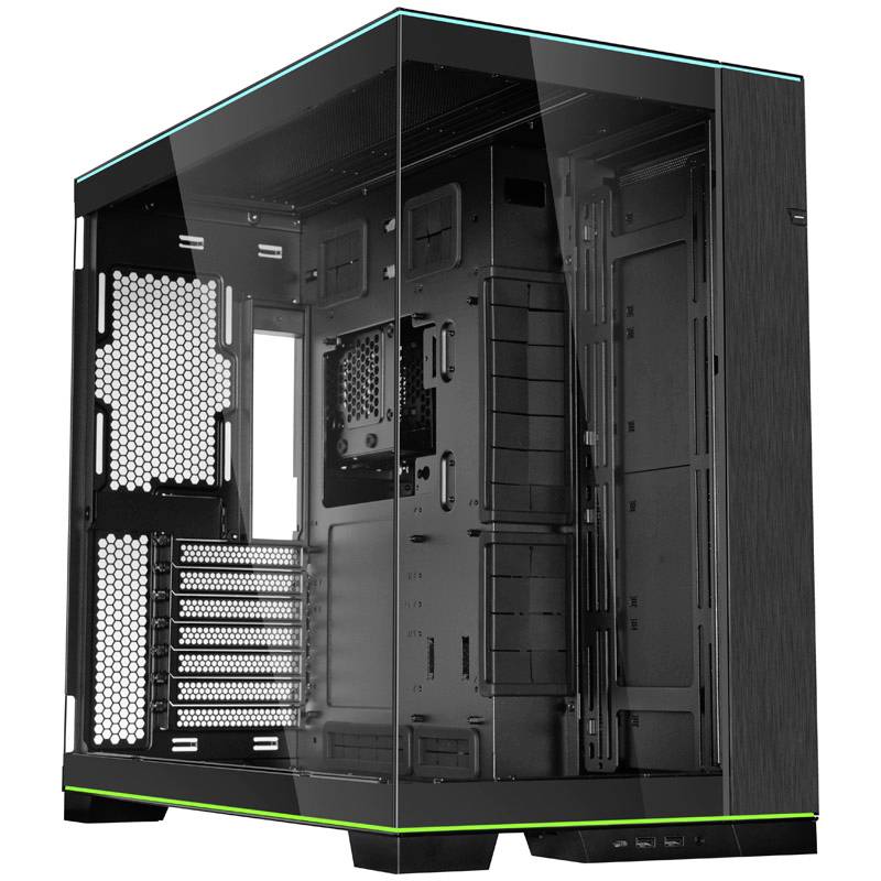 Transparant computerbehuizing zonder componenten, toont sleuven voor ventilatoren, drives en andere hardware, deur van glas.