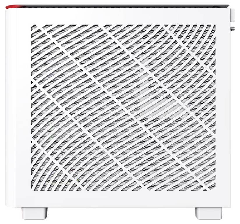 Een wit computerbehuizing met een diagonaal roostersdesign aan de zijkant, staand op vier kleine voetjes.