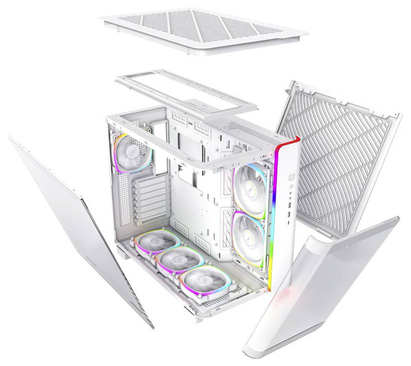Computerbehuizing in het wit, modulair ontworpen met meerdere ventilatoren. De binnenkant toont RGB-verlichte ventilatoren en verwijderde afdekplaten.