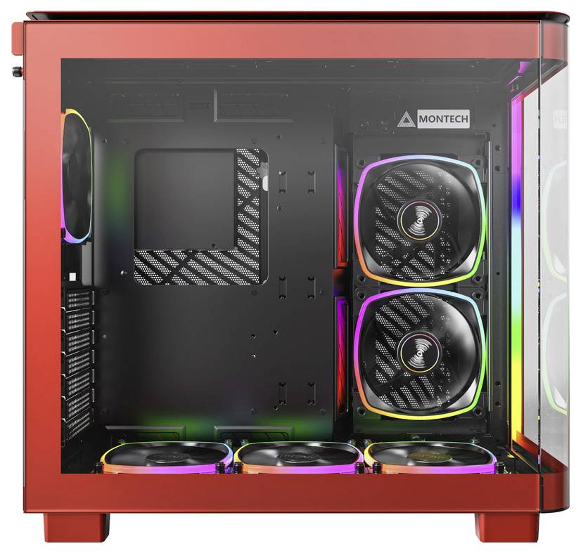 Rood pc-behuizing met transparant zijpaneel dat RGB-verlichte ventilatoren aan de binnenkant onthult. Logo 'MONTECH' rechts bovenaan zichtbaar.