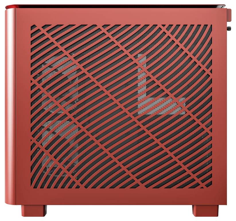Een rood computerbehuizing met diagonale ventilatiesleuven aan de zijkant, die de interne componenten gedeeltelijk zichtbaar maken.